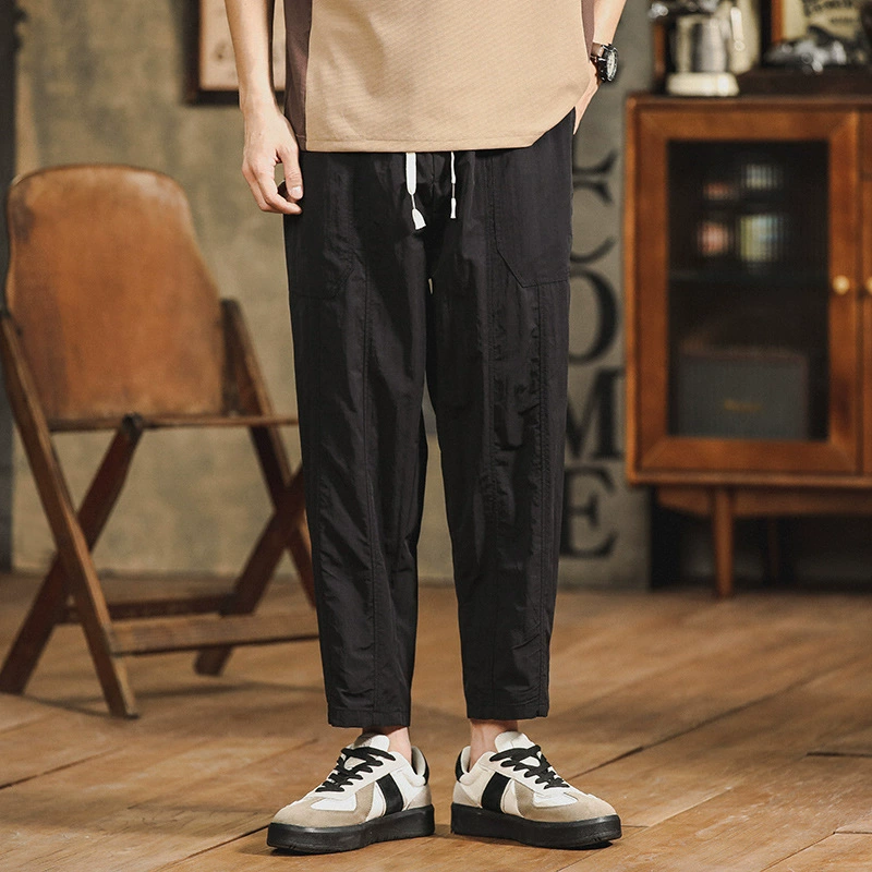 Новые ледяные шелковые повседневные мужские Красивые укороченные брюки из искусственной кожи, маленькие широкие летние тонкие прямые свободные шаровары, укороченные