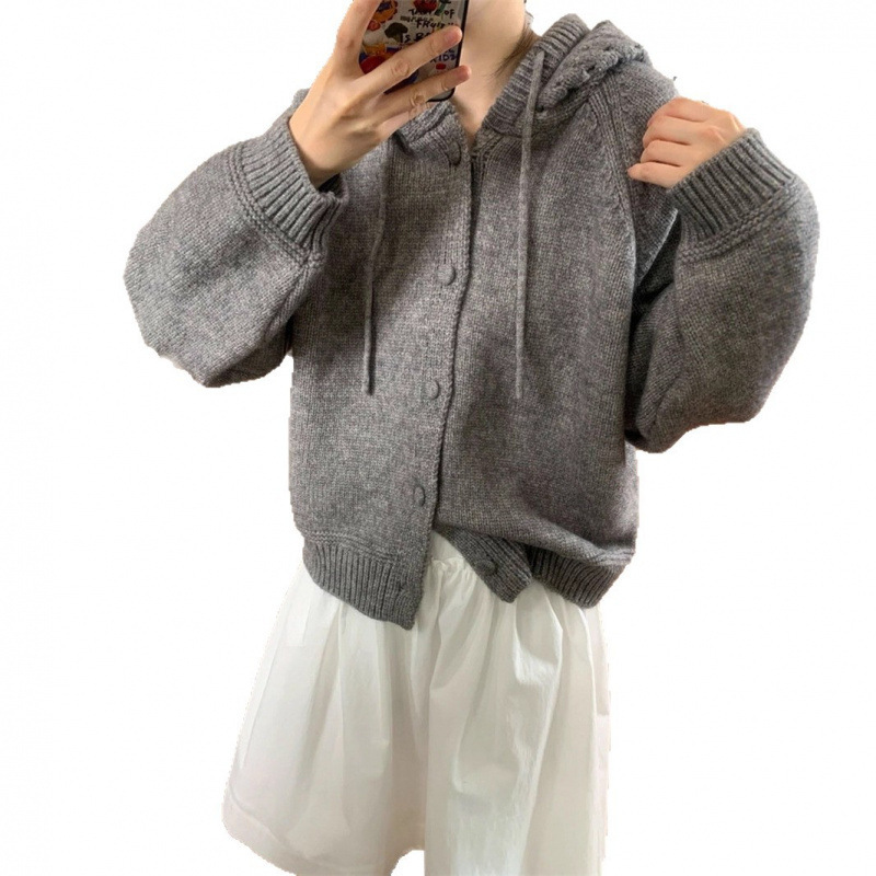 KANING设计感连帽针织开衫女2025秋冬新款韩版宽松软糯纯色毛衣女|undefined
