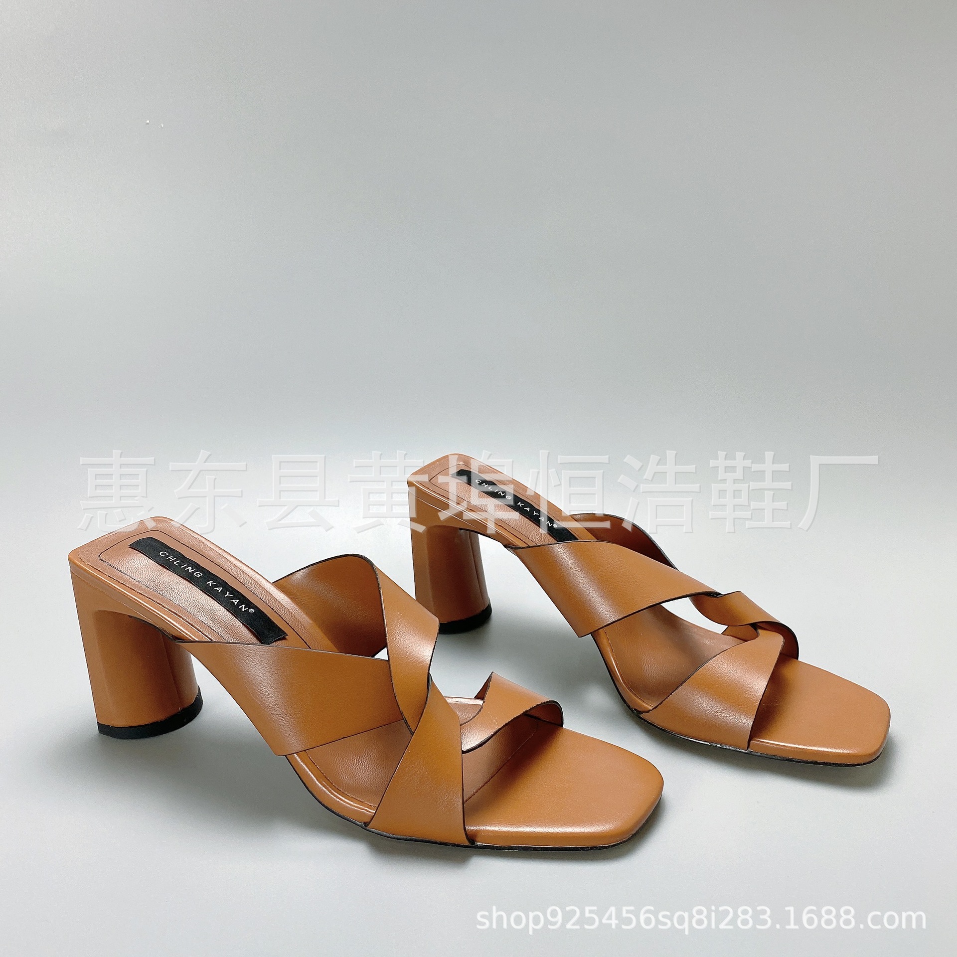 ZA same style brown thick-heeled leather...