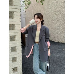 灰色时尚拼接撞色西装外套女春秋2025新款休闲宽松气质高级感西服