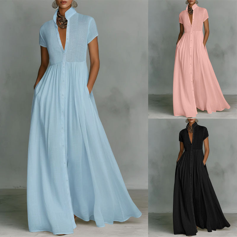 Wish Independent Site Cross-Border Foreign Trade Elegant and Graceful Stand-Collar Long Dress with High Waist, Pleated and Flowing Large Hem Dress Wish Independent Site Cross-Border Foreign Trade Elegant and Graceful Stand-Collar Long Dress with High Waist, Pleated and Flowing Large Hem Dress