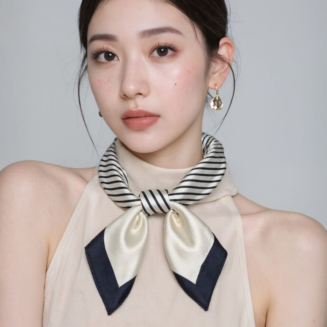 Pañuelo cuadrado pequeño de 70cm a rayas blancas y negras de estilo coreano dulce y simple, bufanda de seda para mujer, bufanda de moda de todo fósforo de primavera y otoño, bufanda profesional