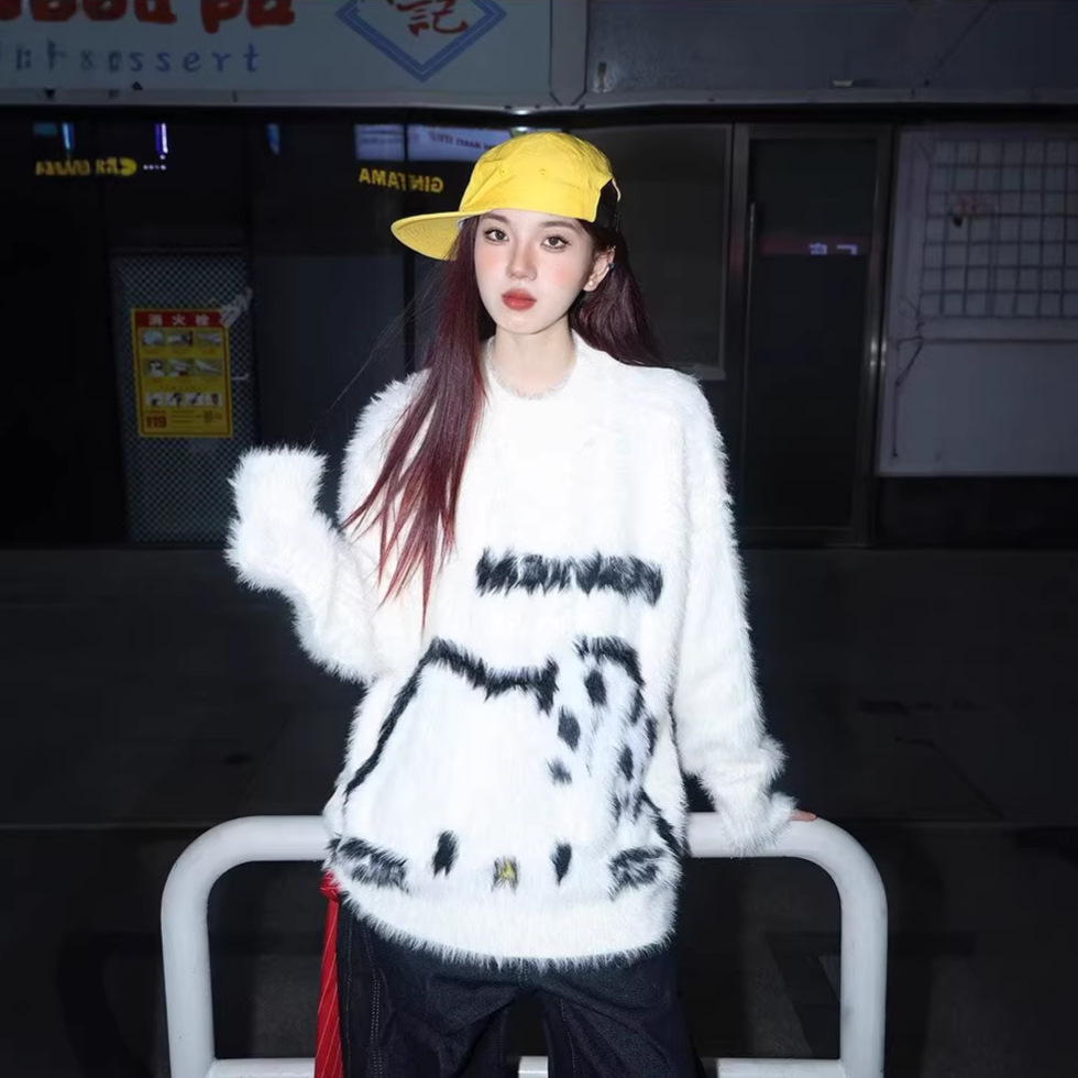 美式高街情侣提花刷毛绒毛衣女秋冬水貂毛慵懒宽松卡通针织衫外穿