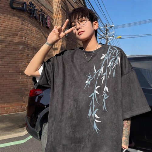 Trendy Print T-Shirt for Men - 2025 New Release, Loose Oversize Design, Unique Subculture National Trend, Suede Texture, Heavyweight Short Sleeve
