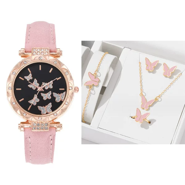 TikTok Cross-border New Alloy Case Belt Women's Watch Personalized Butterfly Graphic Internet Celebrous Student Women's Watch suit