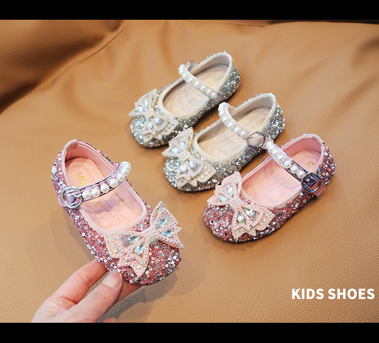 Chaussures princesse en cristal pour filles, édition coréenne, printemps et automne, avec nœud pour bébé, unique, mode, diamant brillant, 2024_voghion.com