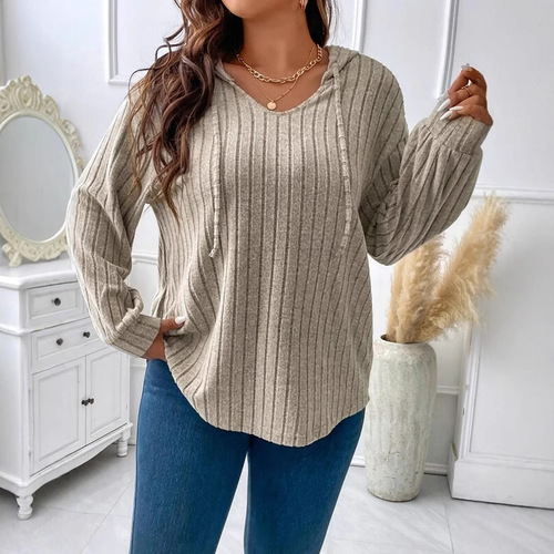 2025 Amazon Autumn/Winter New Solid Color Plus Size Women's Top V-Neck Hooded Long-Sleeve Plaid Fleece T-Shirt Loose Fit