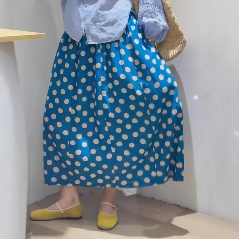 Fashion Retro Blue Wave Dot Skirt Women's High Waist Daping Umbrella Skirt Korean Style Age-reducing White Art Sense Linen Skirt
