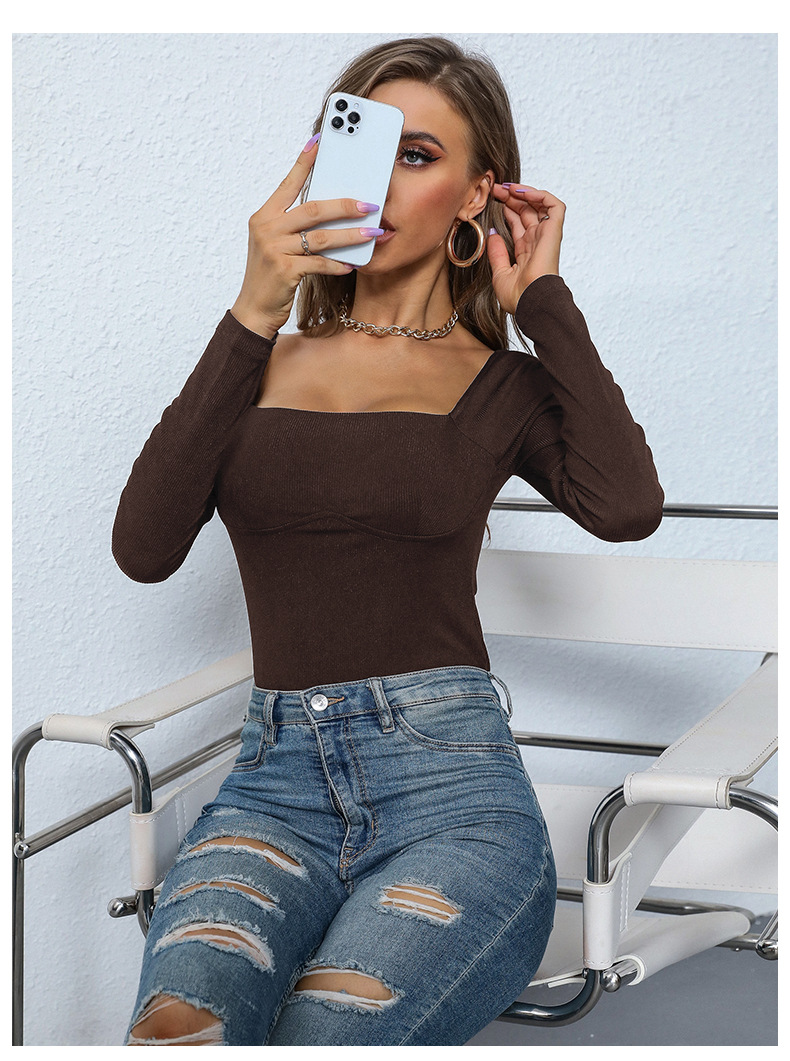 Solid Color Tight One-line Collar Pit Strip Knitted Jumpsuit_voghion.com