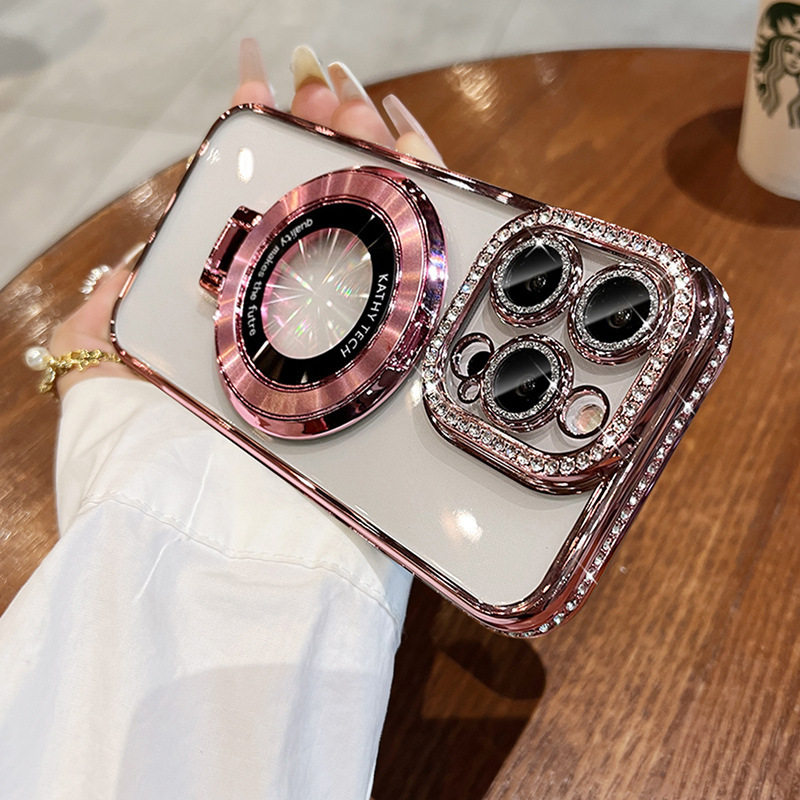 Funda para iPhone 17, soporte magnético con diamantes de imitación electrochapados para iPhone 15, funda para iPhone 14 Pro con borde adornado.