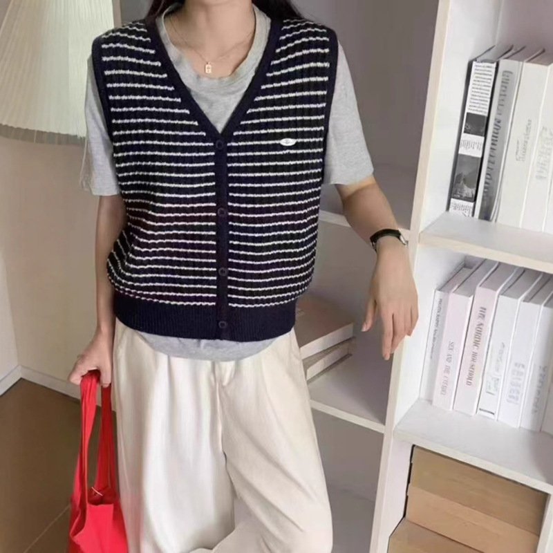 单排扣撞色条纹针织背心马甲复古时髦百搭无袖V领开衫女装上衣|undefined