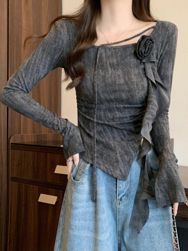 韩系设计感立体花朵褶皱扎染长袖针织衫女秋季不规则修身显瘦上衣|undefined