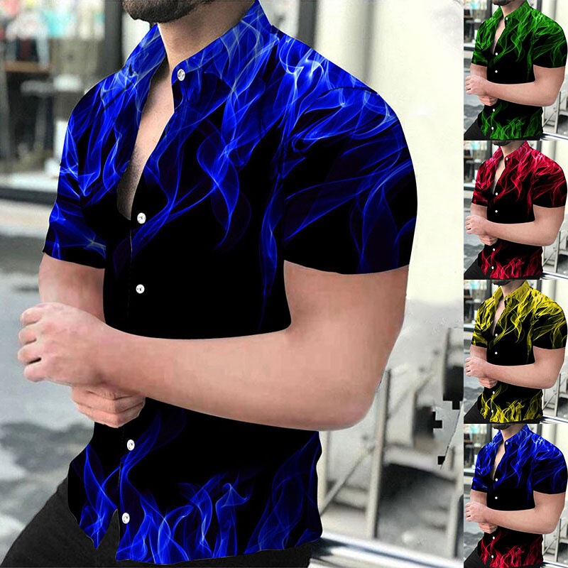 Foreign trade men's casual short sleeve 3D printed flame shirt European and American personality men's wish Amazon hot men's clothing