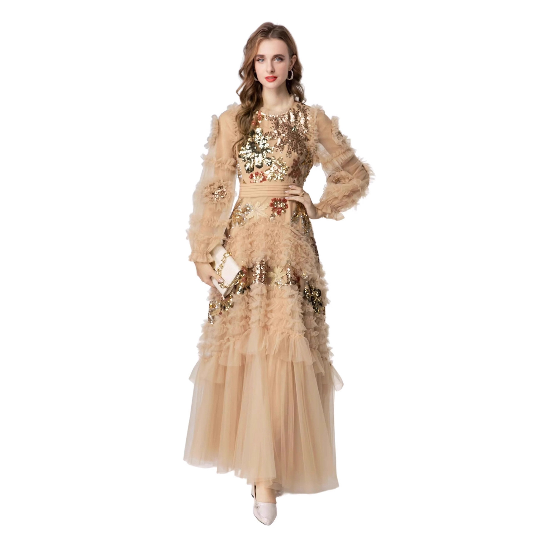 Heavy Sequin Embroidered Dress, Mesh Ruffles, Waist-Cinching Long Evening Ball Classy Dress