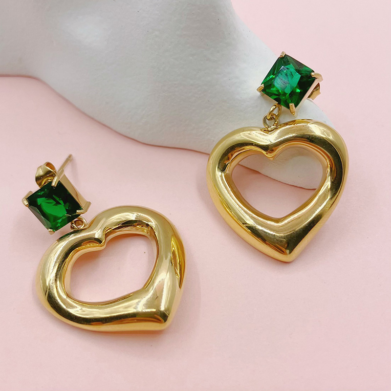 Retro Heart Shape Stainless Steel Inlay Zircon Drop Earrings 1 Pair
