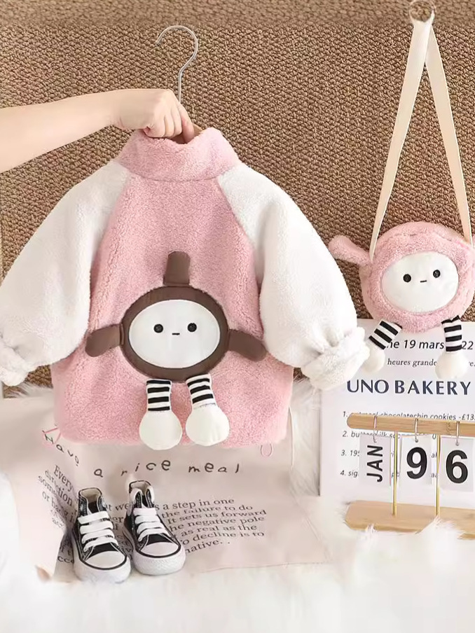 Bebé de moda de terciopelo grueso abrigo de invierno 2024 nuevo otoño y invierno niñas niños cartoon mochila suéter