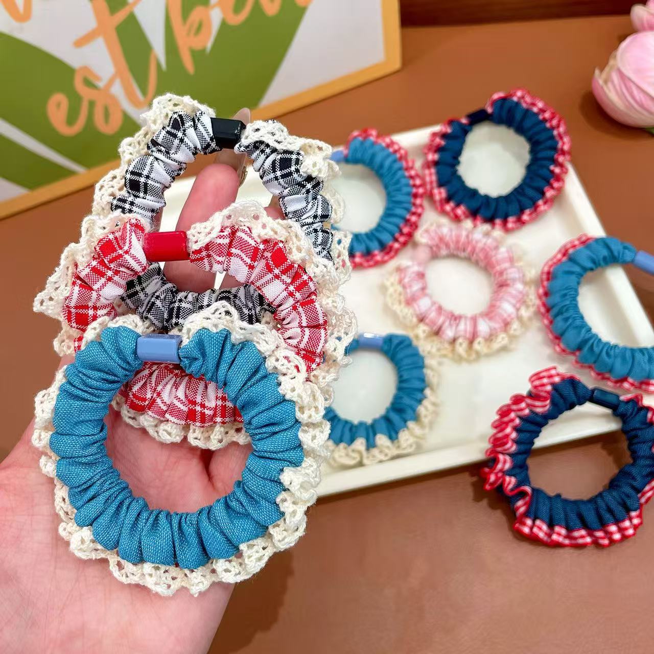 Niños jeans encaje anillo de cabello de cabello de encaje niñas alta cola de cabello de alta elasticidad cuerda de cabello de goma cabeza adornos para el cabello