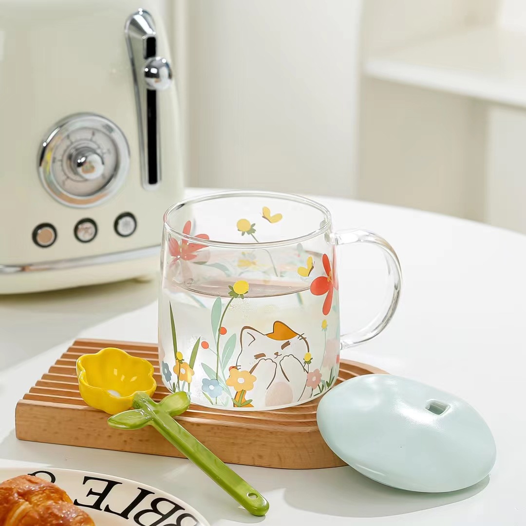 Creativo personalizado Flor de vidrio con tapa cuchara pequeño animal fresco de alto aspecto chica regalo casa taza