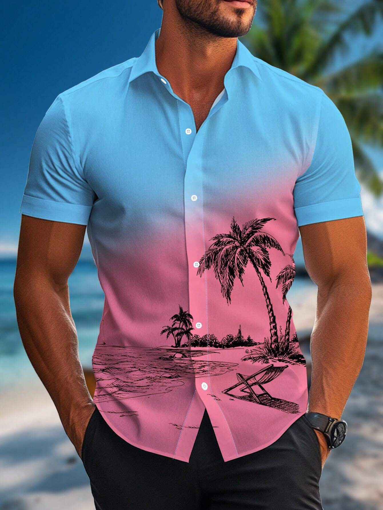 Ropa de hombre de comercio exterior de estilo europeo y americano 2024 nueva camisa de manga corta con patrón de árbol de coco de moda casual de todo fósforo MB1