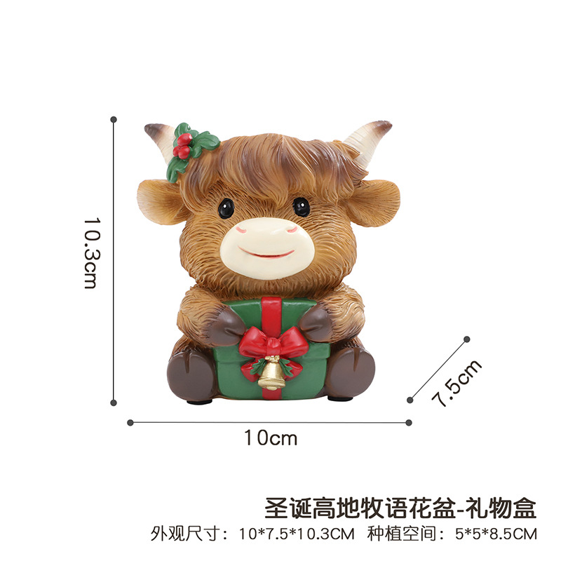 Chậu cây mọng nước hình bò Highland Giáng Sinh resin, chậu mini phong cách Bắc Âu, trang trí sân vườn (RG-204)