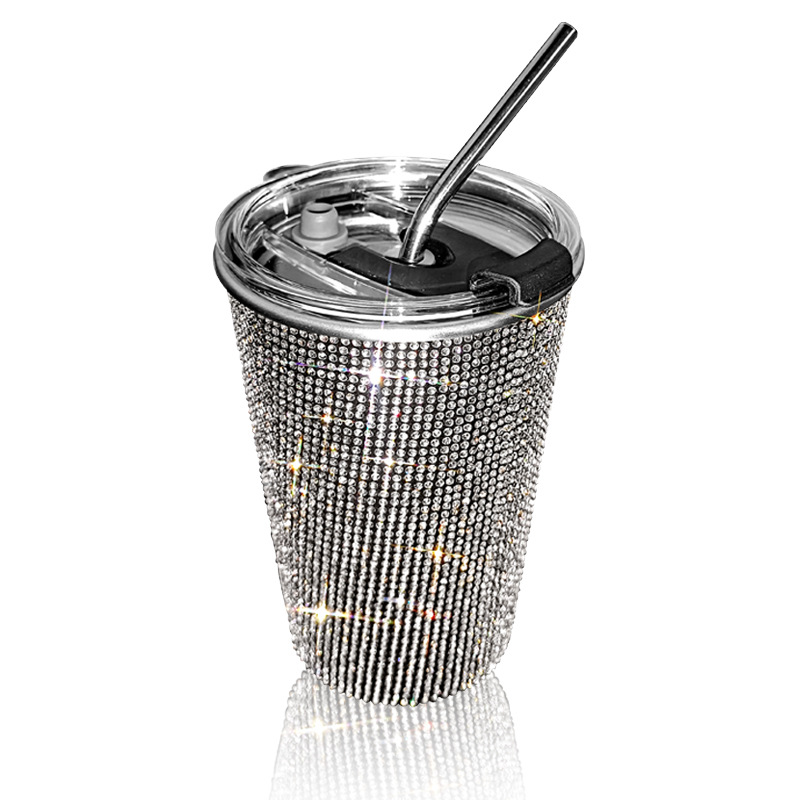Bling flash rhinestone pegado diamante 550ml taza de bebida incrustada en el diamante taza de café de paja de acero inoxidable recta adelgazamiento
