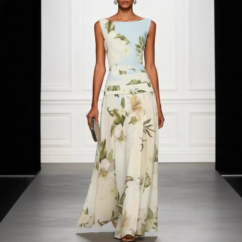 European and American Cross-Border Summer 2026 Sexy V-Neck Retro Floral Print Women's Dress Sleeveless Backless Waist-Cinching Long Dress European and American Cross-Border Summer 2026 Sexy V-Neck Retro Floral Print Women's Dress Sleeveless Backless Waist-Cinching Long Dress