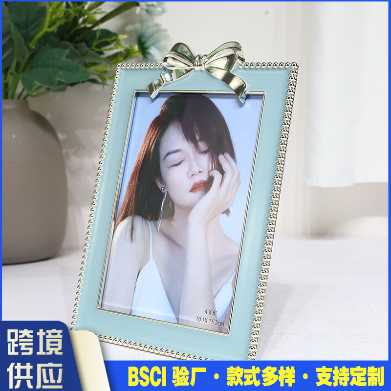 Cross-Border Hot-Selling Small Fresh Japanese-Style Zinc Alloy Bow Epoxy Sky Blue Metal Photo Frame Home Decoration Table
