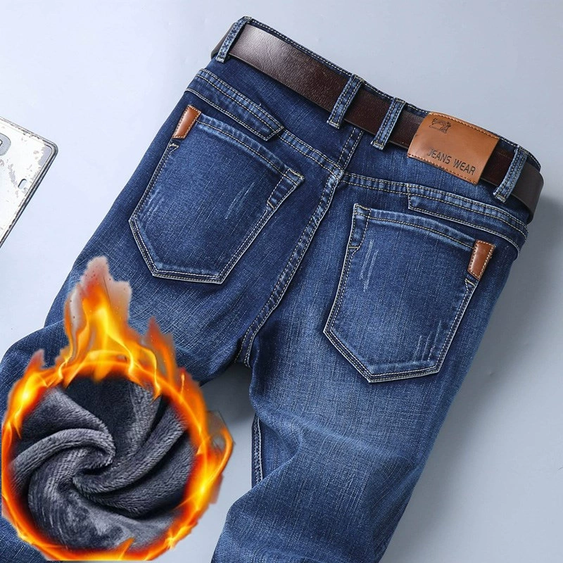 Зимние композитные плюшевые эластичные джинсы для мужчин повседневные свободные прямые толстые теплые деловые джинсовые длинные брюки
