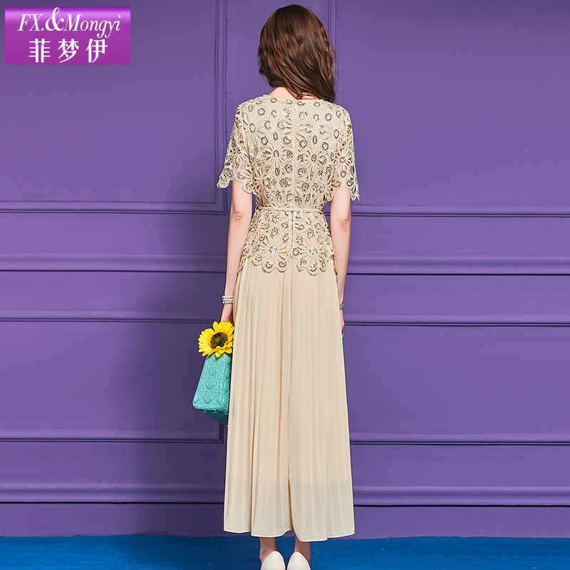 Feimengyi 偽ツーピーススパンコールドレス女性の夏の軽くて成熟したファッションセレブデザインウエスト気質ロングスカート|undefined