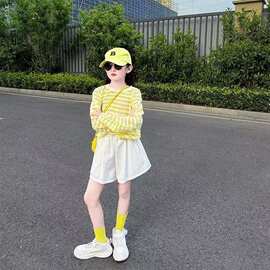 韩版女童条纹夏季休闲防蚊长袖薄款海边度假防晒上衣短裤套装潮