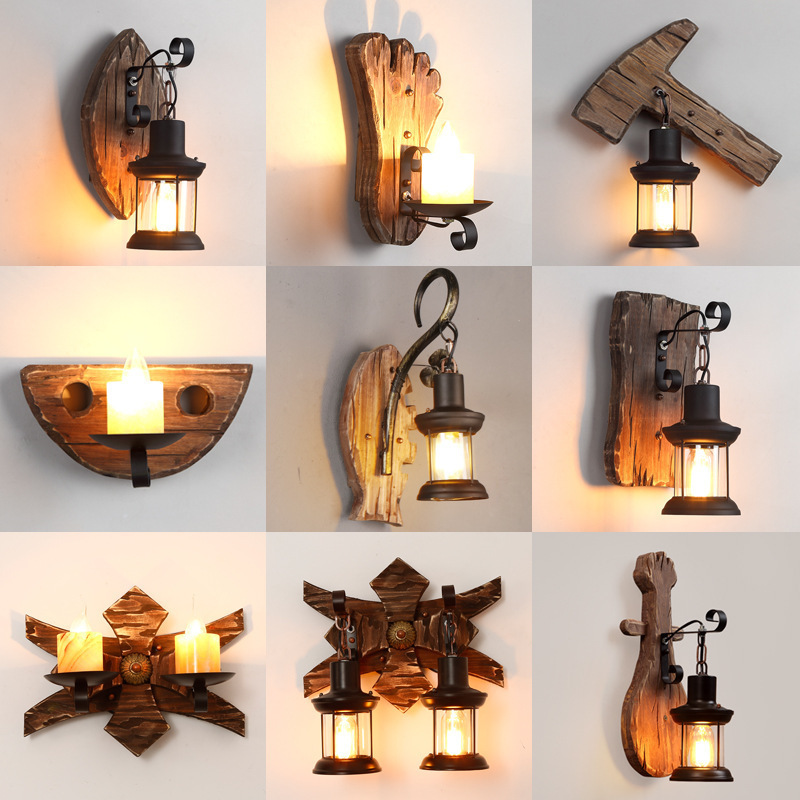 Retro Nostalgic Wooden Wall Lamp with Industrial Style, Creative Design for Clothing Stores, Hot Pot Restaurants, Bars, and American-Style Personalized Decorative Wall Lighting