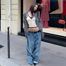 跨境欧美风2025冬季新款女装韩系辣妹风灰色毛绒开衫短款修身外套