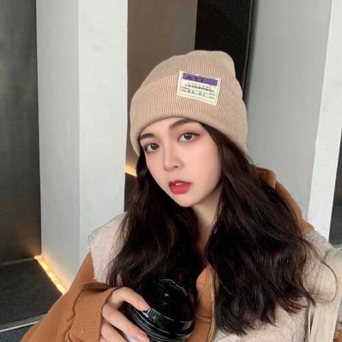 Pure Color Label Letter Couple Hat Outdoor Fashion Woolen Hat Cold Hat Versatile Autumn/Winter Warmth Korean Version Knitted Hat