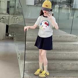 女童夏季清新休闲套装中大童韩系撞色夏季新款印花百搭短裤两件套