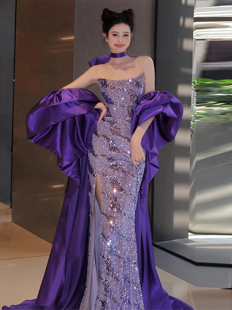 Elegant Purple Mermaid Evening Gown for Women Sophisticated Birthday Party Bridal Toasting Dress Unique Style Understated Luxury_ecoleips.com