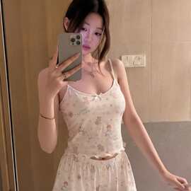 甜美纯欲风小熊碎花吊带睡衣女夏季新款带胸垫甜美可爱家居服套装