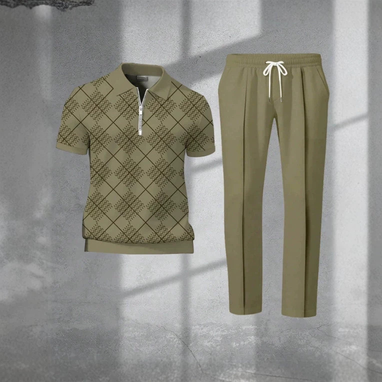 2026 Cross-Border Men's Printed Polo Short-Sleeve Set, Half-Zip Turn-Down Collar, Light Business Loose-Fit Long Pants Two-Piece Set 2026 Cross-Border Men's Printed Polo Short-Sleeve Set, Half-Zip Turn-Down Collar, Light Business Loose-Fit Long Pants Two-Piece Set