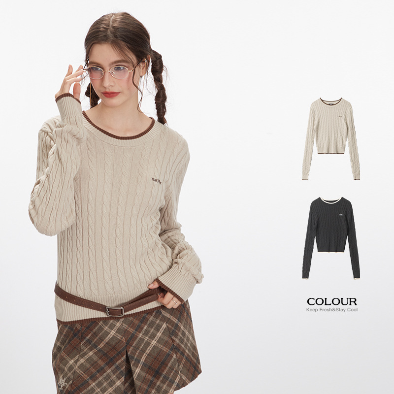 HeyHenry 2025 New Letter Embroidery Round Neck Sweater Top, Versatile Striped Long Sleeve Early Autumn Knitwear for Women