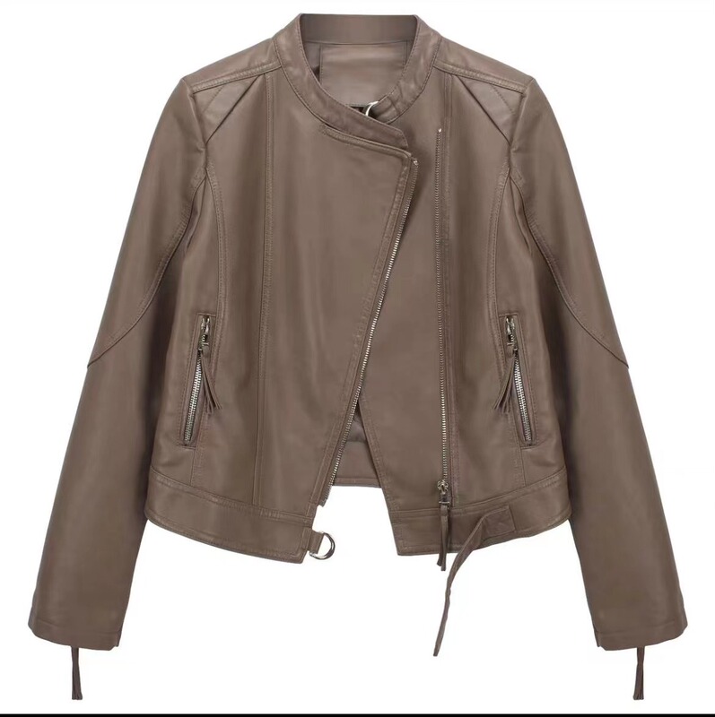 Stand Collar Short Pu Leather Jacket for Women with Metal Buckle, Biker Slim-Fit Leather Jacket with Patchwork Design, Slim Short Style