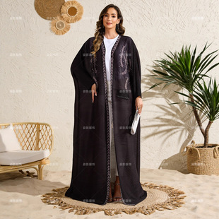 Middle Eastern Fashion Cross-Border Dubai Cardigan Robe Miyake Pleated Printed Jacket Bat Sleeve Saudi Arabian Clothing