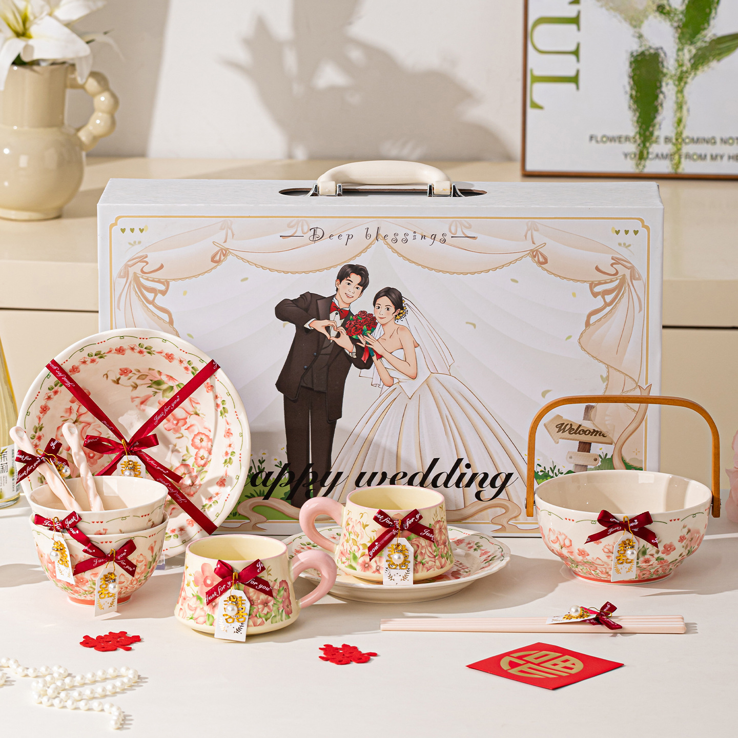 vajillas de cerámica de alto valor de cara, regalos de boda, platos de platos, caja de regalo, platos de arroz caseros, esmalte de color