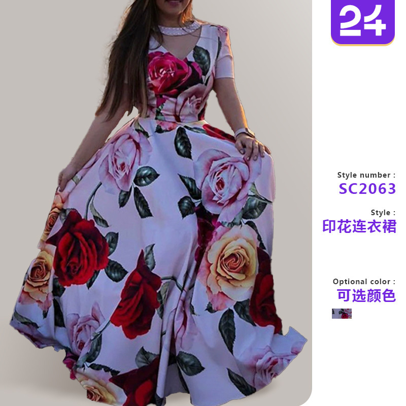 Europe and the United States 2025 spring new rose 3D printing large pendulum nail bead stitching short sleeve dress independent station dress