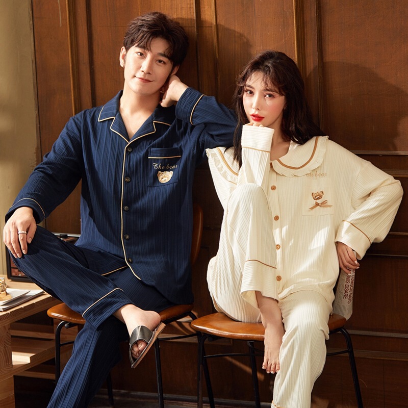 Spring and Autumn Couple Pajamas Cotton Long Sleeve Outwear Men's and Women's Lapel Casual Women's Autumn and Winter Home Clothes without Printing