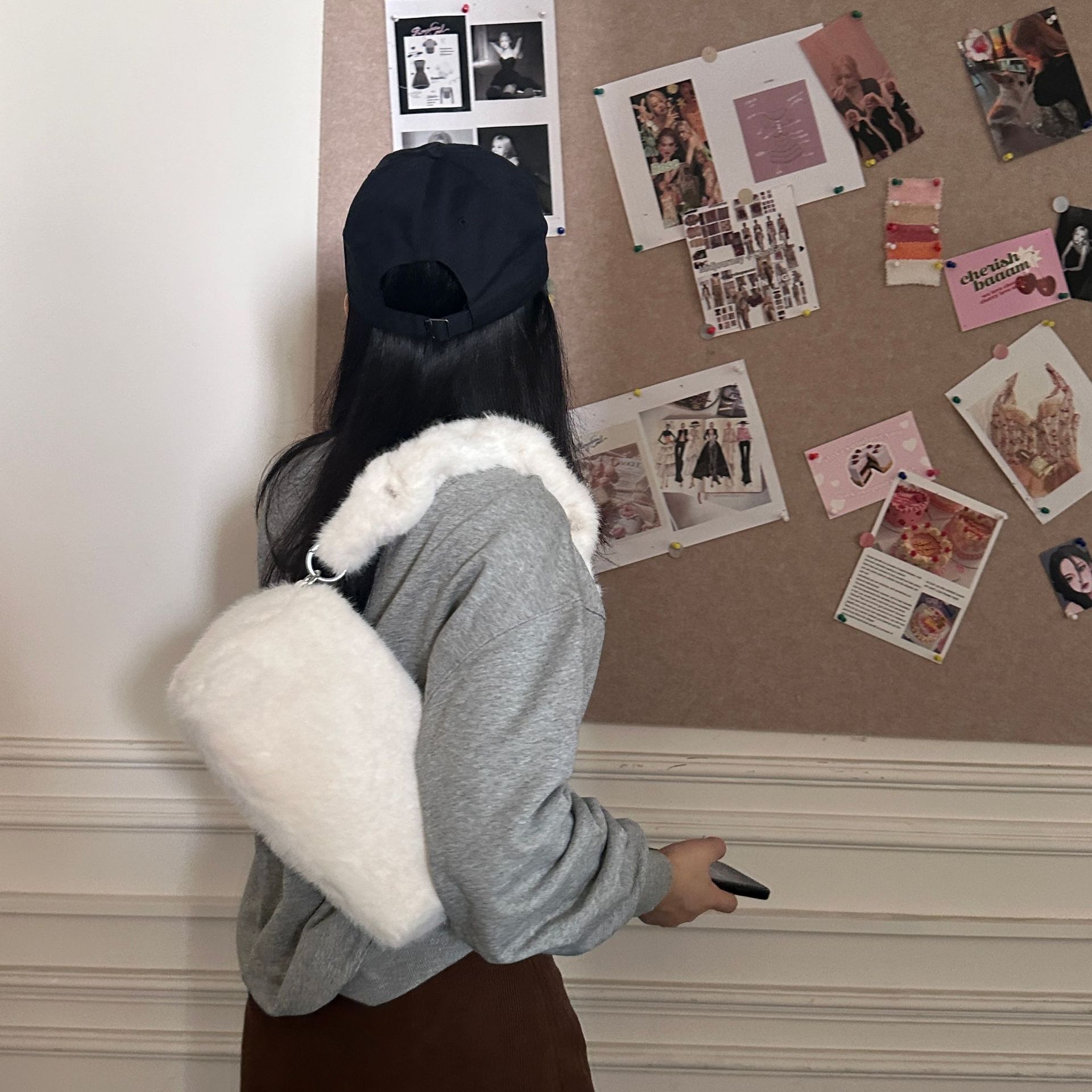 Bolso cuadrado pequeño con cremallera, lindo bolso de ins casual, todo fósforo, ligero, diseño de nicho, bolso de hombro diagonal de felpa de otoño