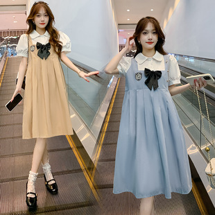 2024 New Pregnant Women's Dress Summer Loose New Short-sleeved Long Dress Color-matching Fake Two-piece Pregnant Women's Dress