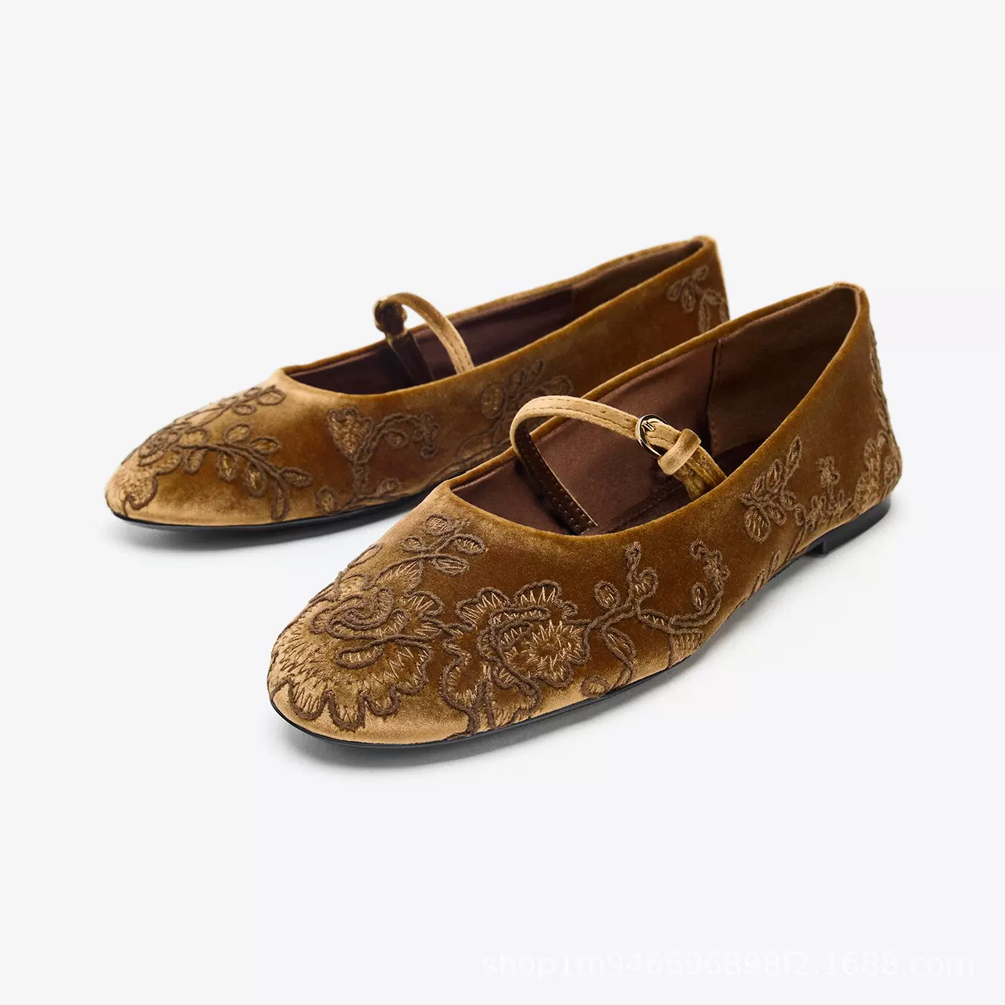 秋季新品女鞋浅口舒适休闲百搭天鹅绒刺绣圆头芭蕾鞋单鞋玛丽珍鞋