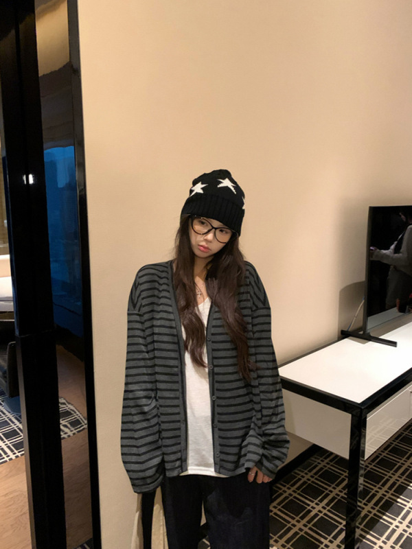 2025新款慵懒风条纹长袖外套女装秋季复古盐系宽松单排扣开衫上衣|undefined