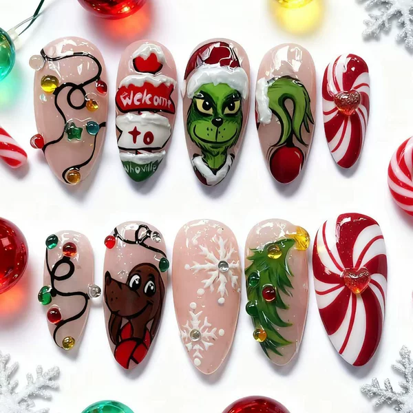 24 Pieces of Cross-Border Christmas New Almond French 3D Stereo Heart Snowflake Green Monster Green Furry Monster Wearable Armor