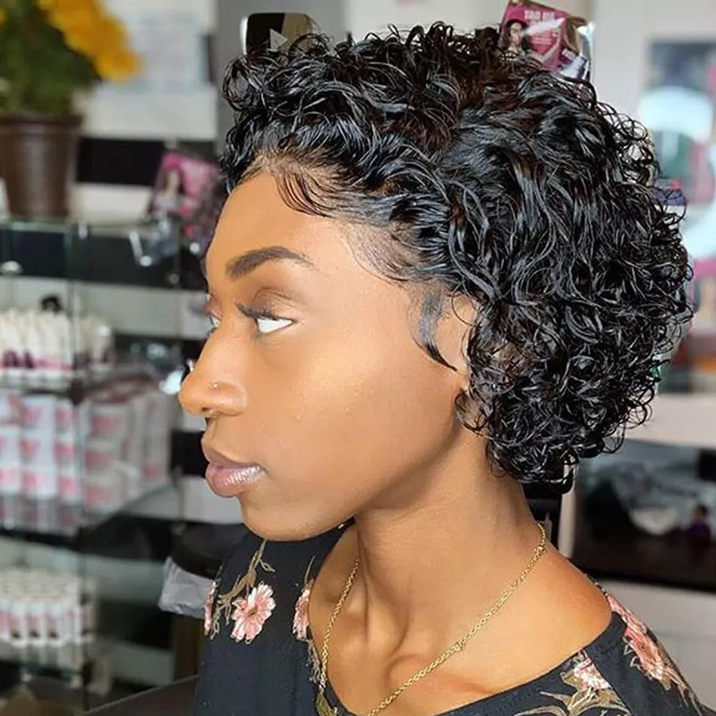 Front Lace Hair Set Short Hair Set 13x 1 Deep Wave Pixie Human Hair Wig
