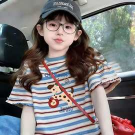 女童短袖儿童夏季条纹T恤洋气新款休闲韩版夏装拼色宝宝宽松上衣
